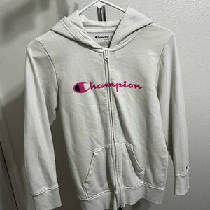 Champion Zip-Up Hoodie in White with Pink Logo